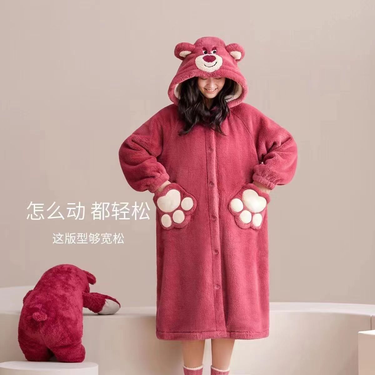 Cute pajamas women's autumn and winter student nightgown girls bathrobe autumn and winter pajamas women loose plus velvet lengthened can be worn outside
