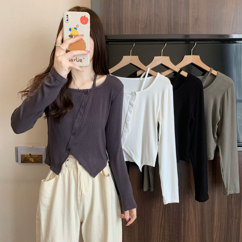 Irregular t-shirt women's 2022 autumn new slit unique all-match bottoming shirt hot girl long-sleeved short top ins