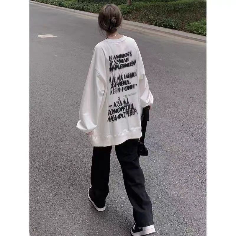 美式oversize復古高街ins超火長袖圓領衛衣女寬鬆加絨加厚上衣薄