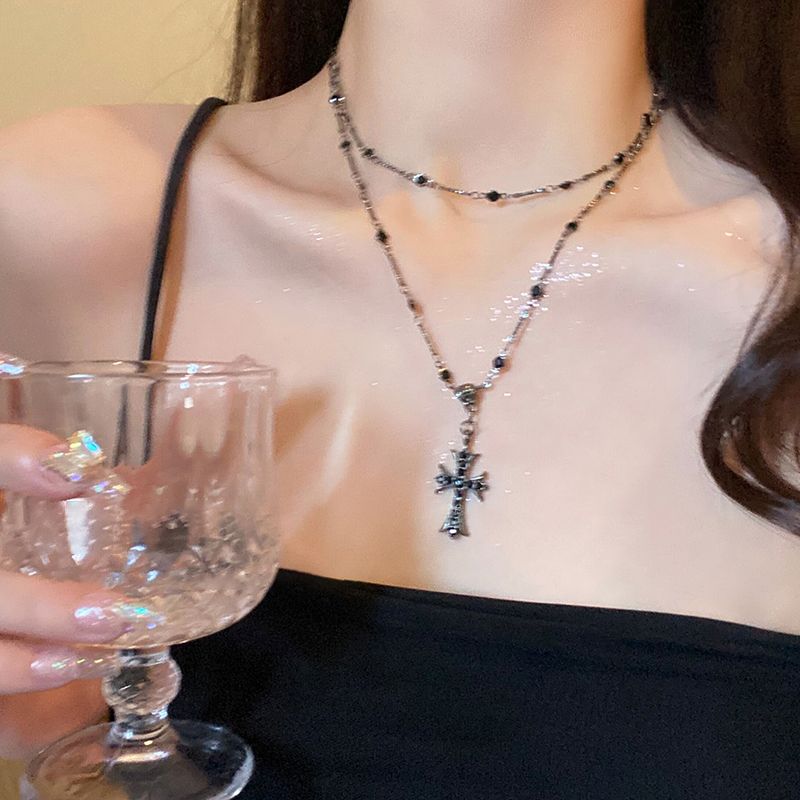 Dark zircon cross beaded necklace women's summer long double-layer stacked neck chain ins style versatile clavicle chain