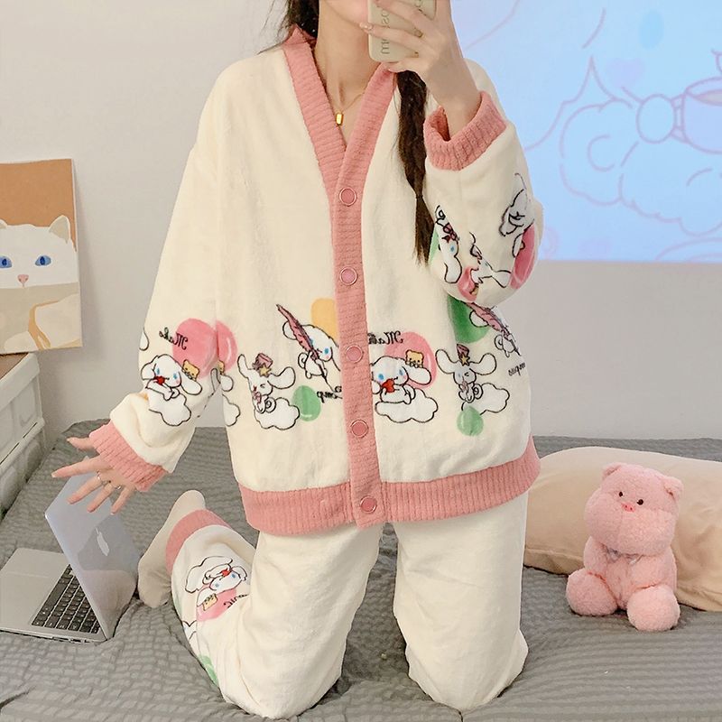 Coral fleece pajamas women's autumn and winter cute cinnamon puppy plus velvet thickened winter flannel home service suit