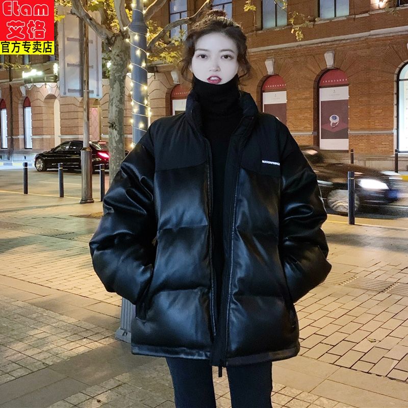 Iger black stitching cotton clothing women's winter new Korean version of pu leather cotton clothing bread clothing cotton jacket ins thickened jacket