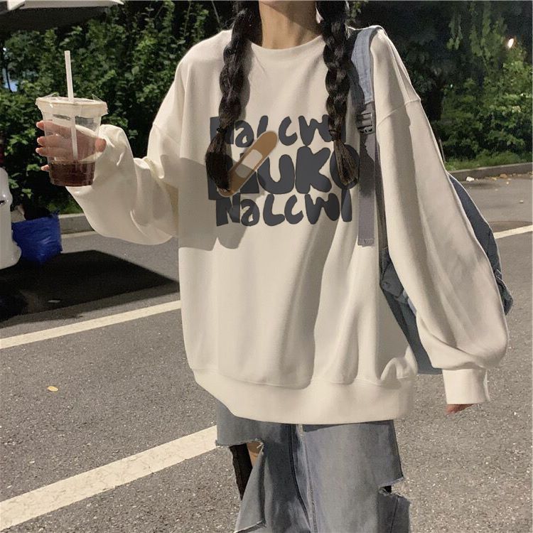 純棉ins新款圓領衛衣女秋冬加絨韓版慵懶風寬鬆百搭保暖上衣長袖
