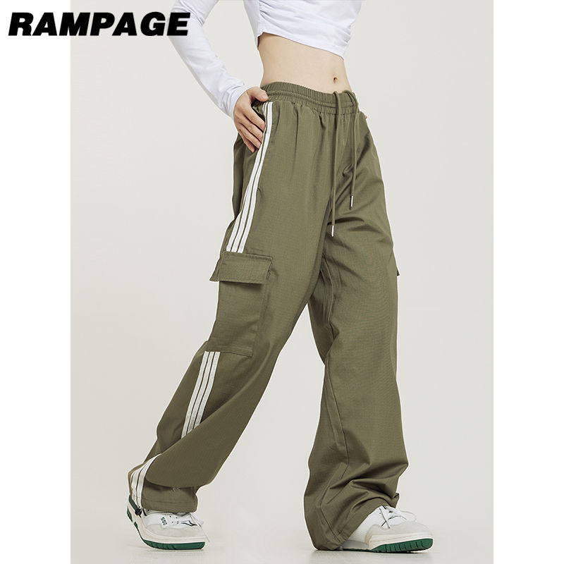 Rampage美式复古侧边条纹口袋工装裤男女同款直筒高街三条杠长裤
