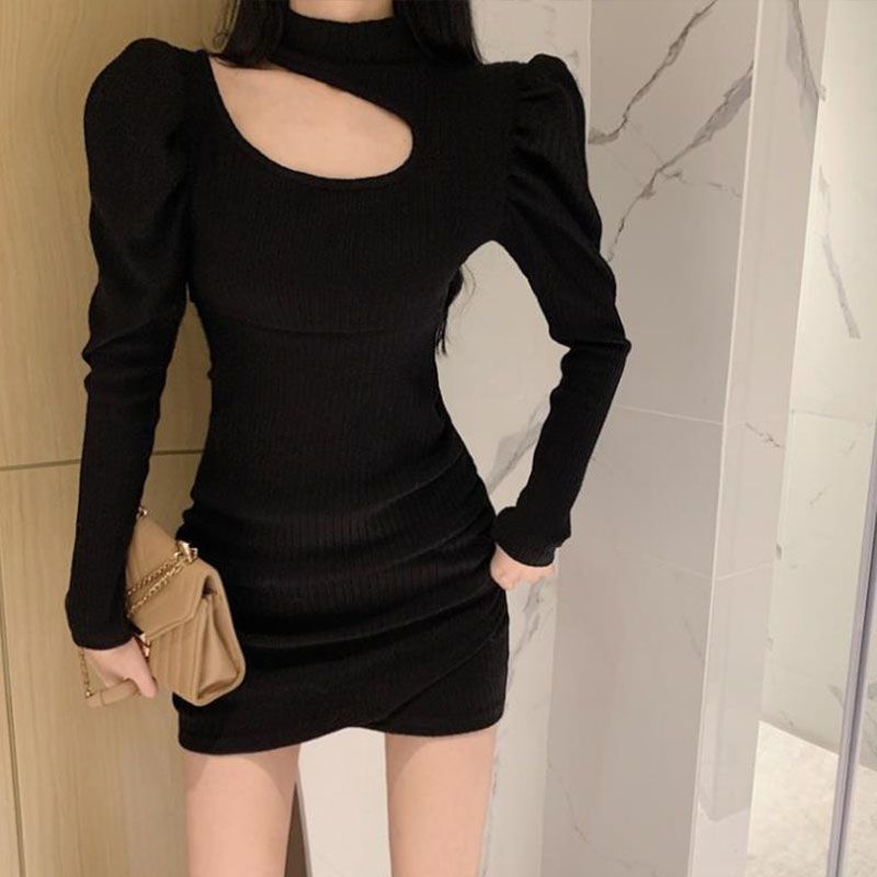 Skirt women's autumn and winter pure desire style hollow out careful machine hanging neck bag arm skirt slim long-sleeved dress trendy