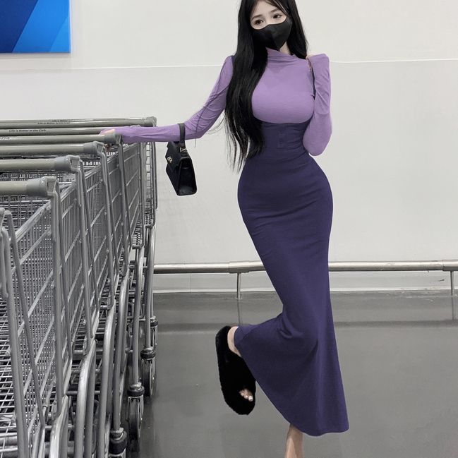 純欲風吊帶連衣裙女裝秋冬收腰打底長裙辣妹緊身性感包臀魚尾裙子