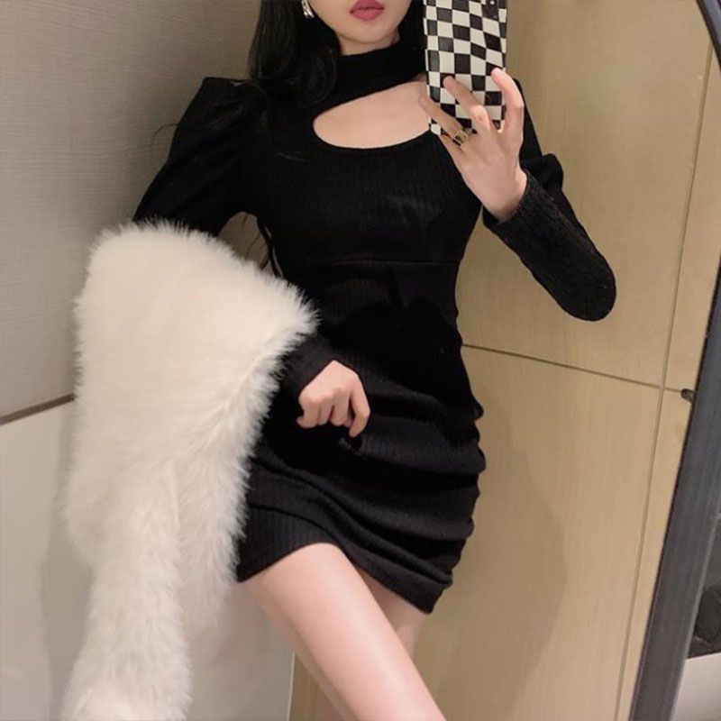 Skirt women's autumn and winter pure desire style hollow out careful machine hanging neck bag arm skirt slim long-sleeved dress trendy