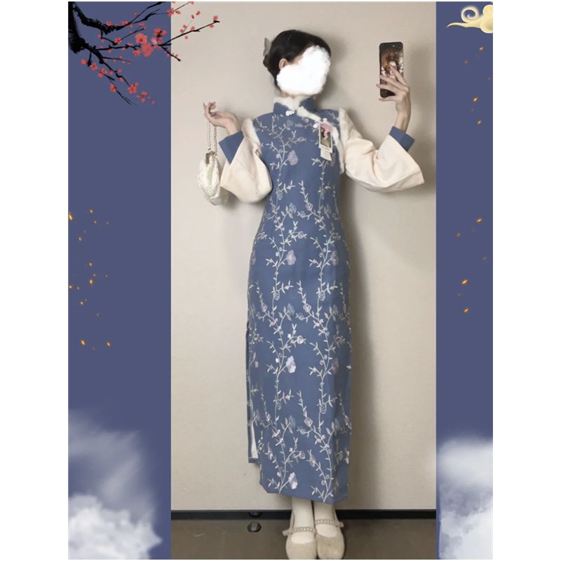 俏娘魚素雅藍色系假兩件繡花旗袍2023年冬季新款復古風氣質范日常