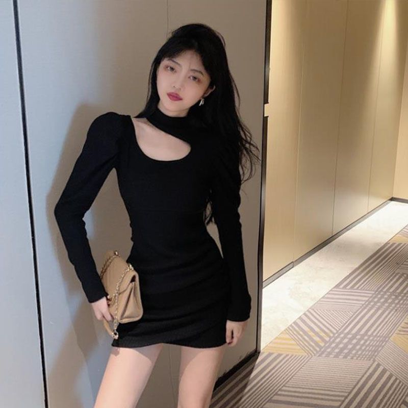 Skirt women's autumn and winter pure desire style hollow out careful machine hanging neck bag arm skirt slim long-sleeved dress trendy