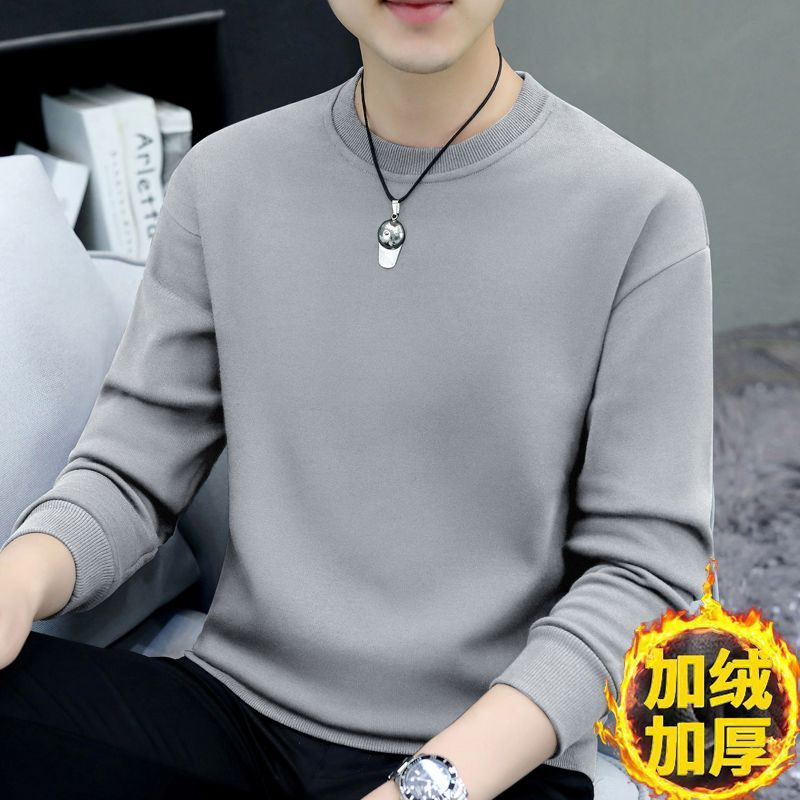 2023 sweatshirt men's round neck autumn and winter casual velvet thickened bottoming shirt solid color high-end warm men's top trendy