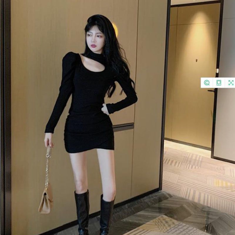 Skirt women's autumn and winter pure desire style hollow out careful machine hanging neck bag arm skirt slim long-sleeved dress trendy