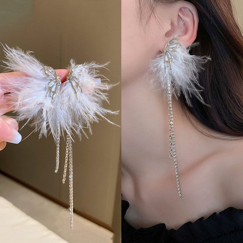 超仙溫柔羽毛流蘇耳釘女小眾設計感高級秋冬季耳環毛茸茸森系耳飾