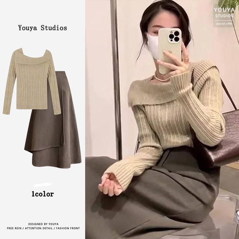 A complete set of tea-style outfits, Korean drama Xiaoxiang style, celebrity sweater and skirt two-piece suit for women, autumn and winter