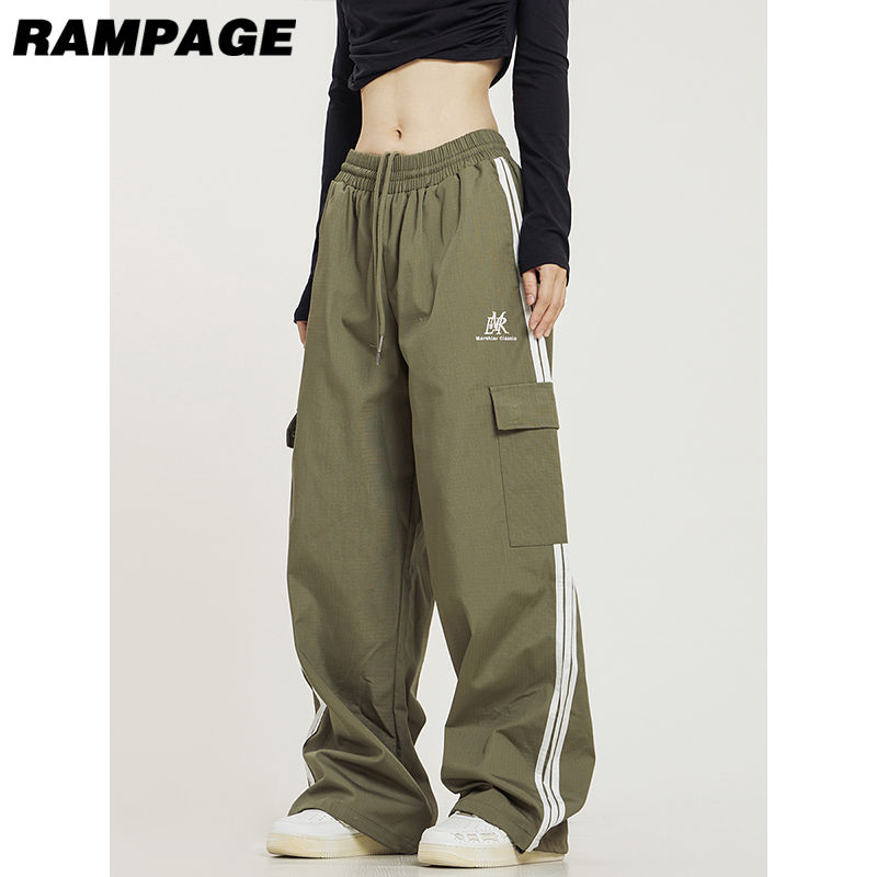 Rampage美式复古侧边条纹口袋工装裤男女同款直筒高街三条杠长裤