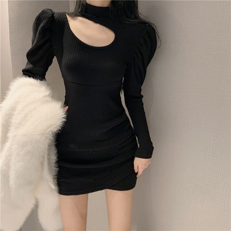 Skirt women's autumn and winter pure desire style hollow out careful machine hanging neck bag arm skirt slim long-sleeved dress trendy