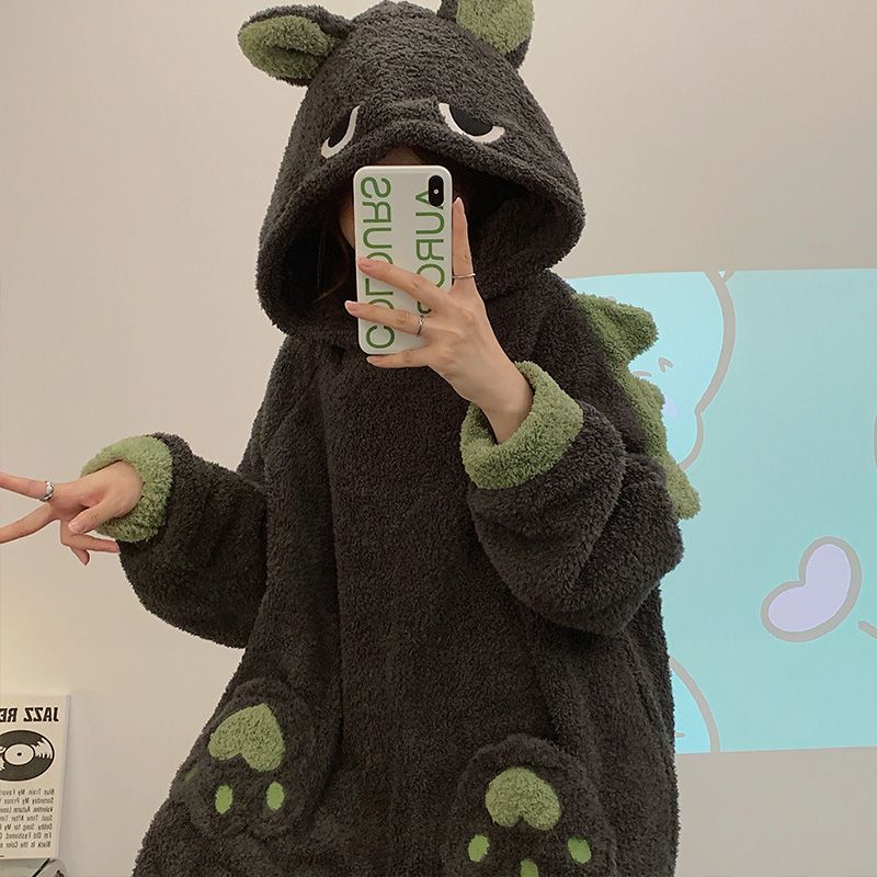 Cute dinosaur coral fleece one-piece pajamas women's 2022 new winter thick one-piece nightgown home service women