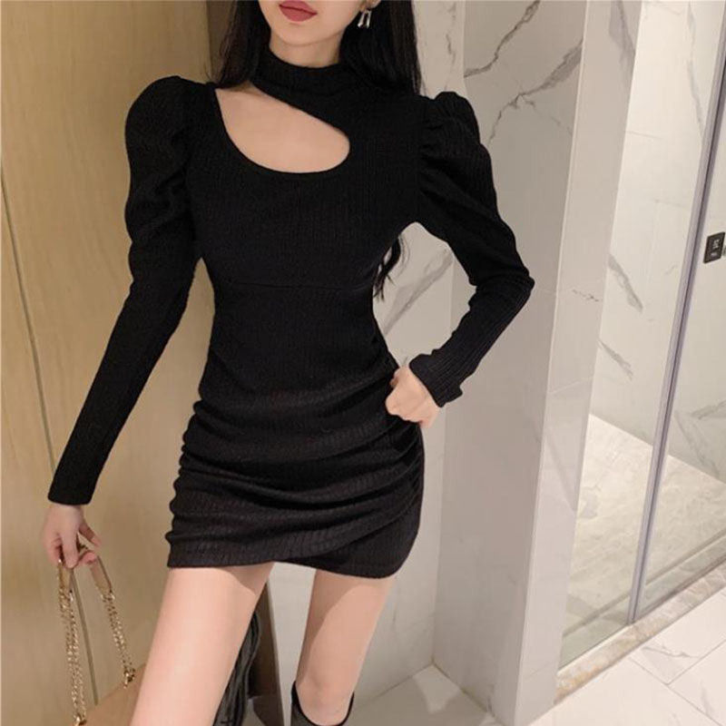 Skirt women's autumn and winter pure desire style hollow out careful machine hanging neck bag arm skirt slim long-sleeved dress trendy