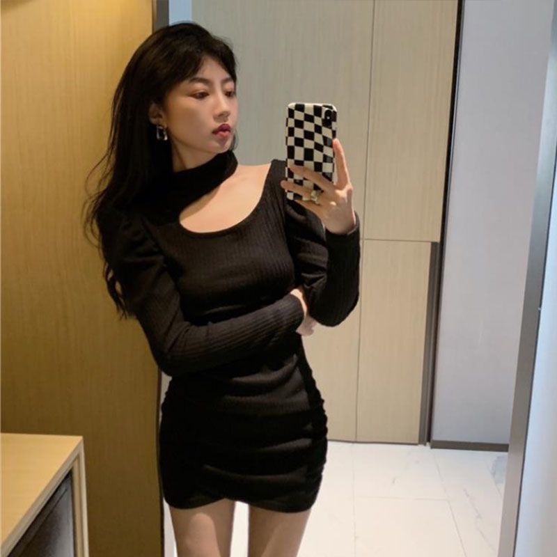 Skirt women's autumn and winter pure desire style hollow out careful machine hanging neck bag arm skirt slim long-sleeved dress trendy