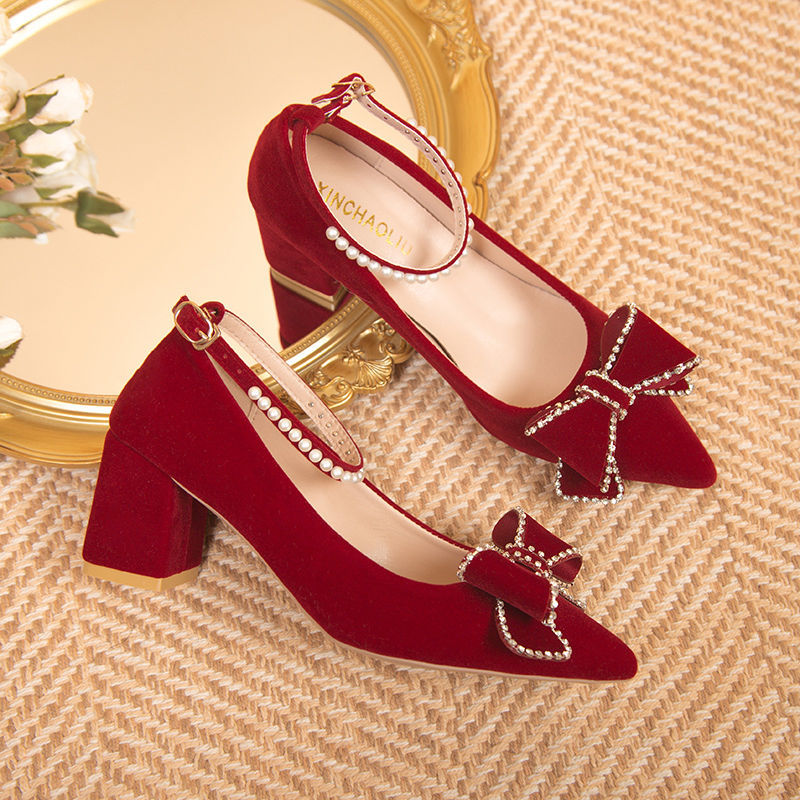 新娘结婚鞋春秋促销2023新款中式红色粗跟绑带孕妇秀禾敬酒鞋两穿