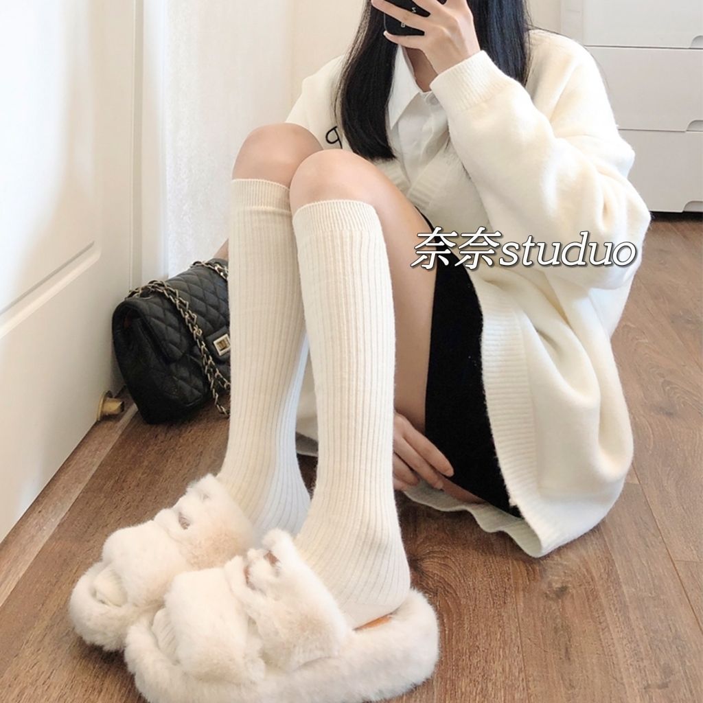 Calf socks vertical striped women's socks long section spring and summer solid color thin over-the-knee stockings ins half socks jk middle tube