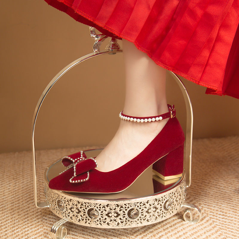新娘结婚鞋春秋促销2023新款中式红色粗跟绑带孕妇秀禾敬酒鞋两穿
