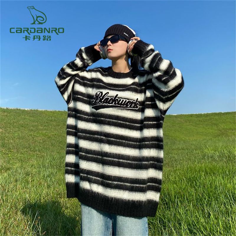 Cardan Road Black Stripes Embroidered Alphabet Milk Fufu Sweater Couples Oversize Lazy Knitwear Trend