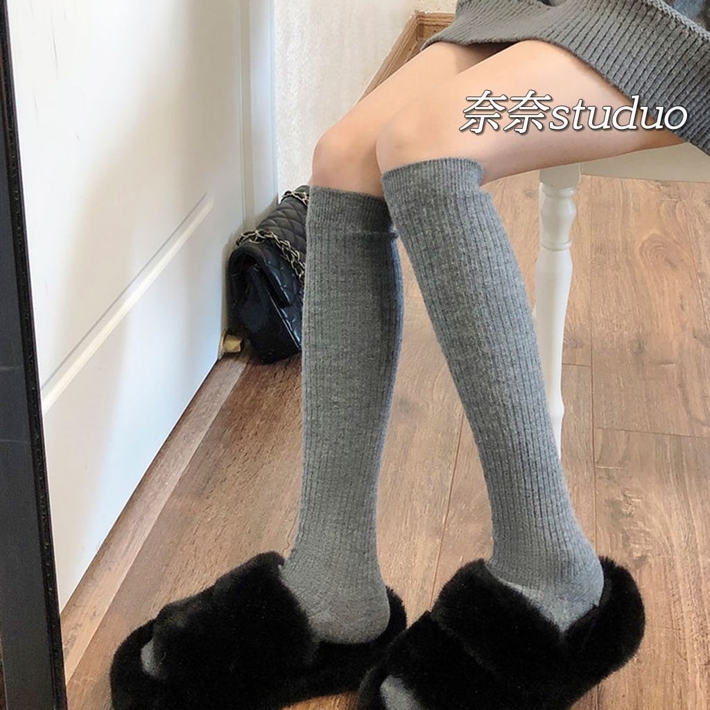 Calf socks vertical striped women's socks long section spring and summer solid color thin over-the-knee stockings ins half socks jk middle tube