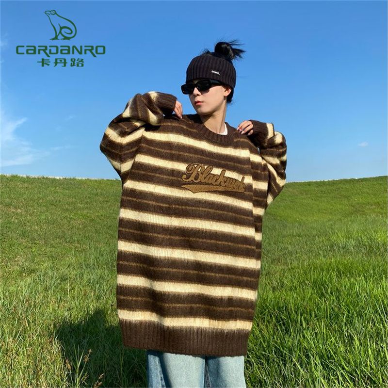 Cardan Road Black Stripes Embroidered Alphabet Milk Fufu Sweater Couples Oversize Lazy Knitwear Trend