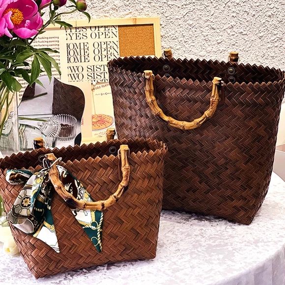 藤編手提包大容量草編包竹節包女復古絲巾手工編織包百搭菜籃子包