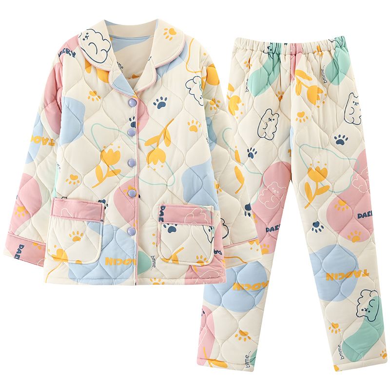 2022 latest Nanjiren 100% pure cotton three-layer quilted high-grade cotton lazy wind women's pajamas home clothes