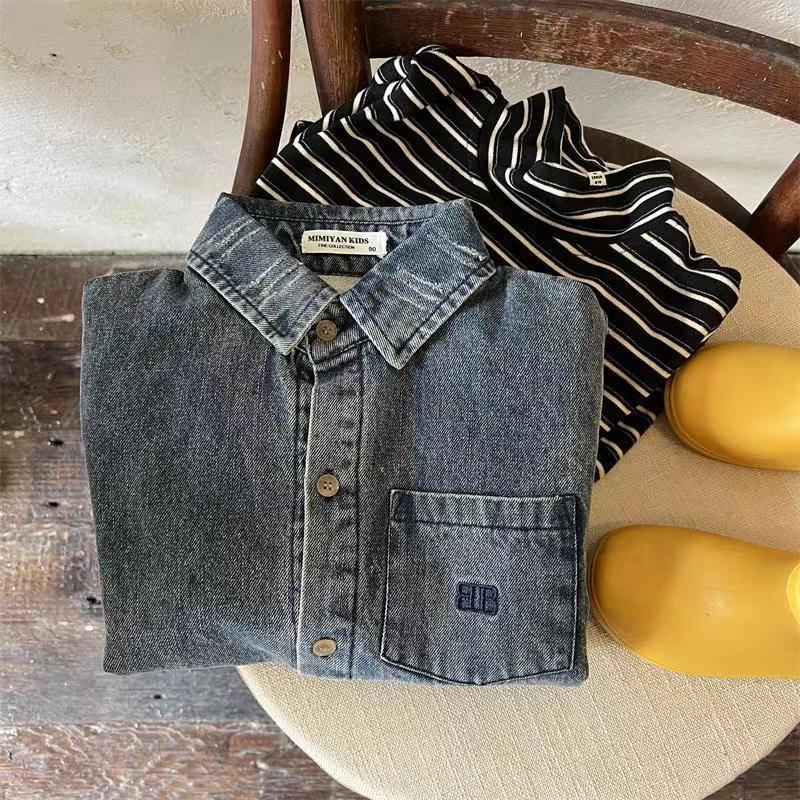 Children's denim jacket 2023 autumn and winter boys and girls plus cashmere thickened denim shirt made of old baby retro jacket