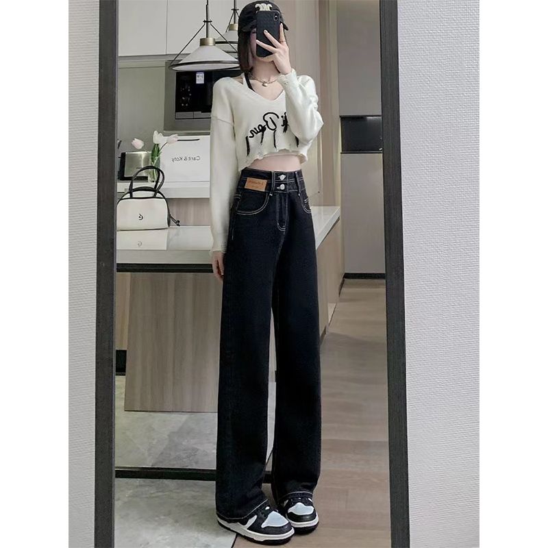 YSYOURS黑色明線闊腿牛仔褲女春秋高腰寬鬆直筒大碼垂感拖地褲子