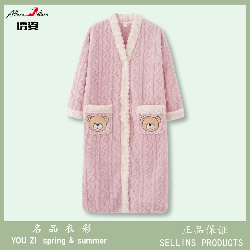 Inducing posture nightgown women's spring and autumn new coral fleece flannel plus velvet thickened high-end high-value home service winter