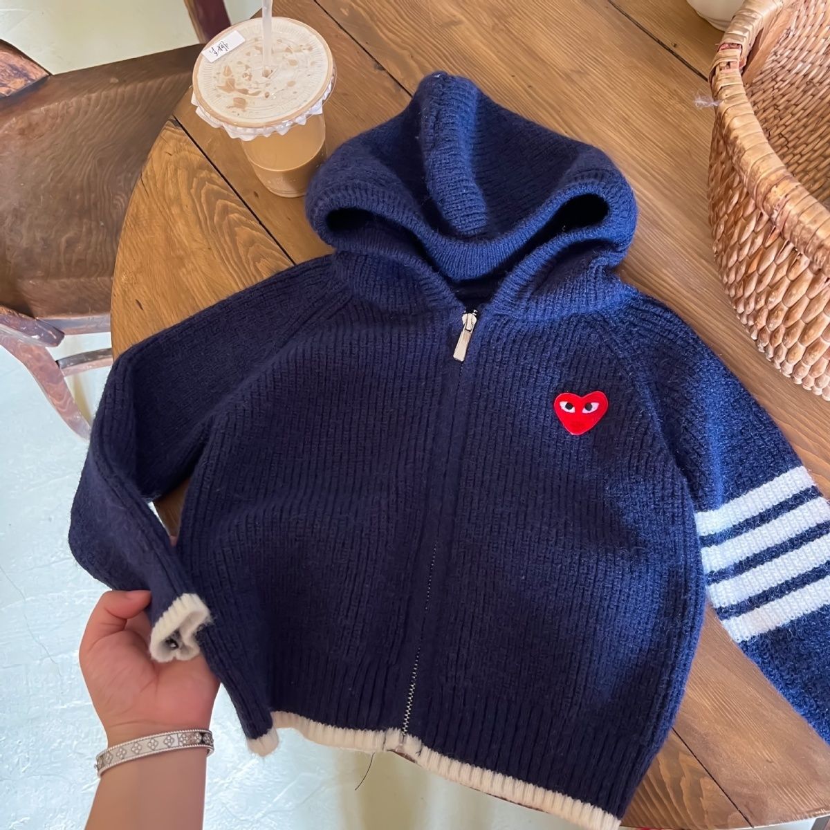 Children's sweater 2023 spring new boys and girls woolen coat baby trendy brand love hooded knitted cardigan