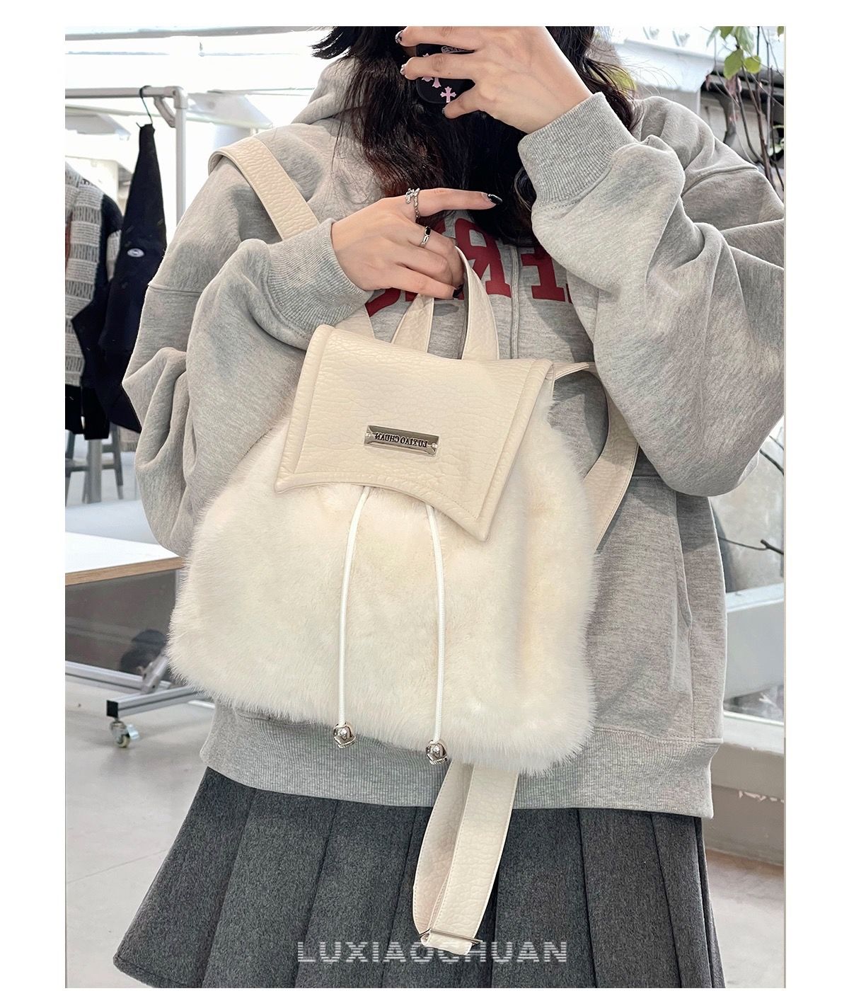 Mochila de piel de chica picante de alta gama Y2K con cordón de gran capacidad, bolso de estudiante cruzado diagonal, nicho de barco de carretera_voghion.com