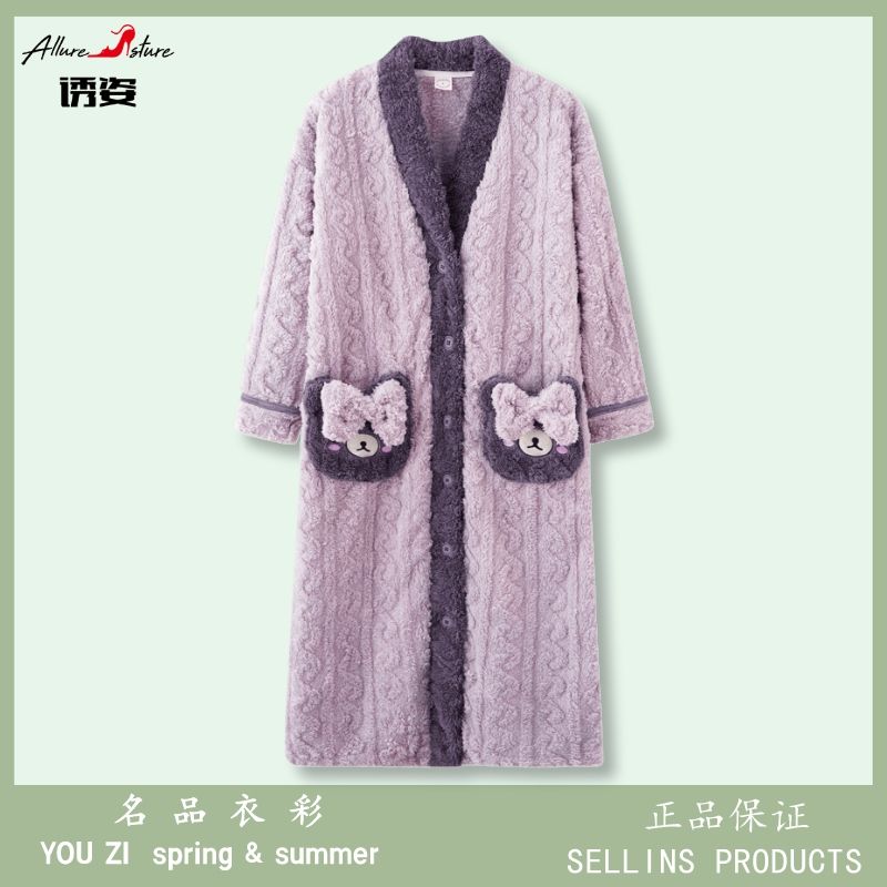 Inducing posture nightgown women's spring and autumn new coral fleece flannel plus velvet thickened high-end high-value home service winter