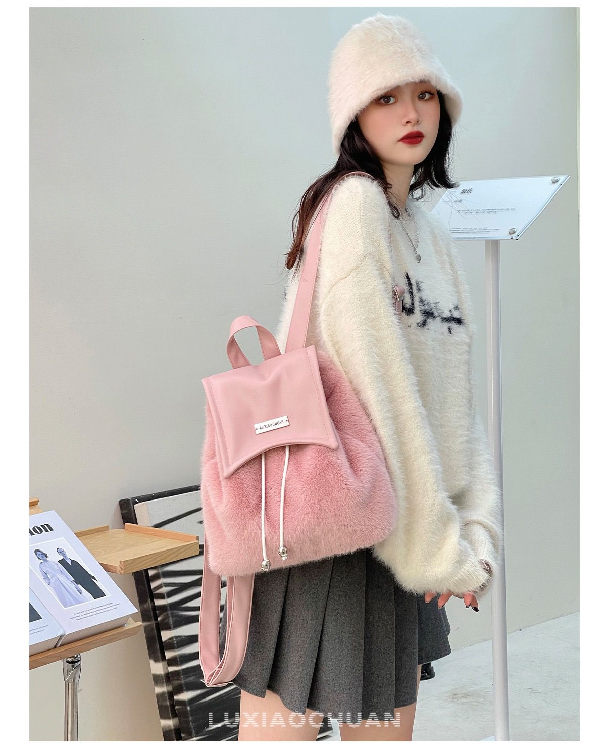 Mochila de piel de chica picante de alta gama Y2K con cordón de gran capacidad, bolso de estudiante cruzado diagonal, nicho de barco de carretera_voghion.com