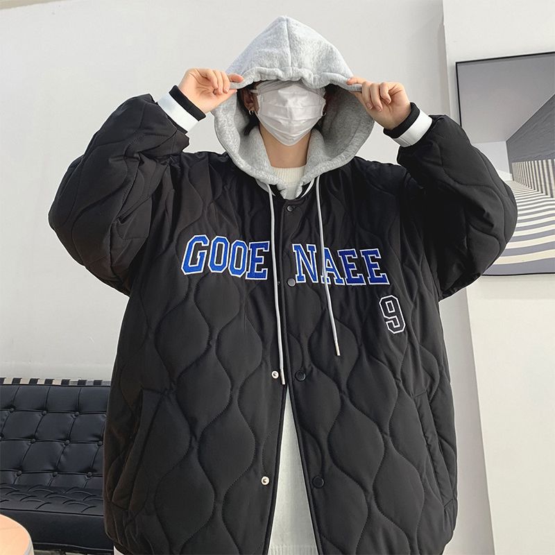 菱形格棉服男款冬季加厚棉衣美式復古棒球服青少年外套冬裝棉襖子