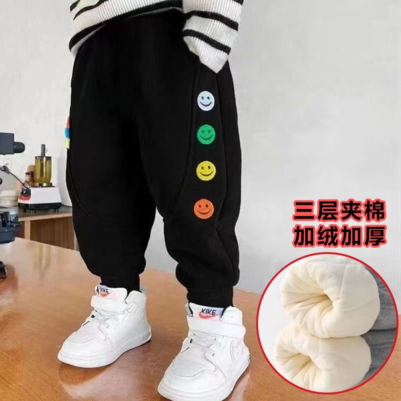 Boys' cotton trousers outerwear baby and middle-aged children's winter fleece thickened trousers three-layer quilted winter super thick