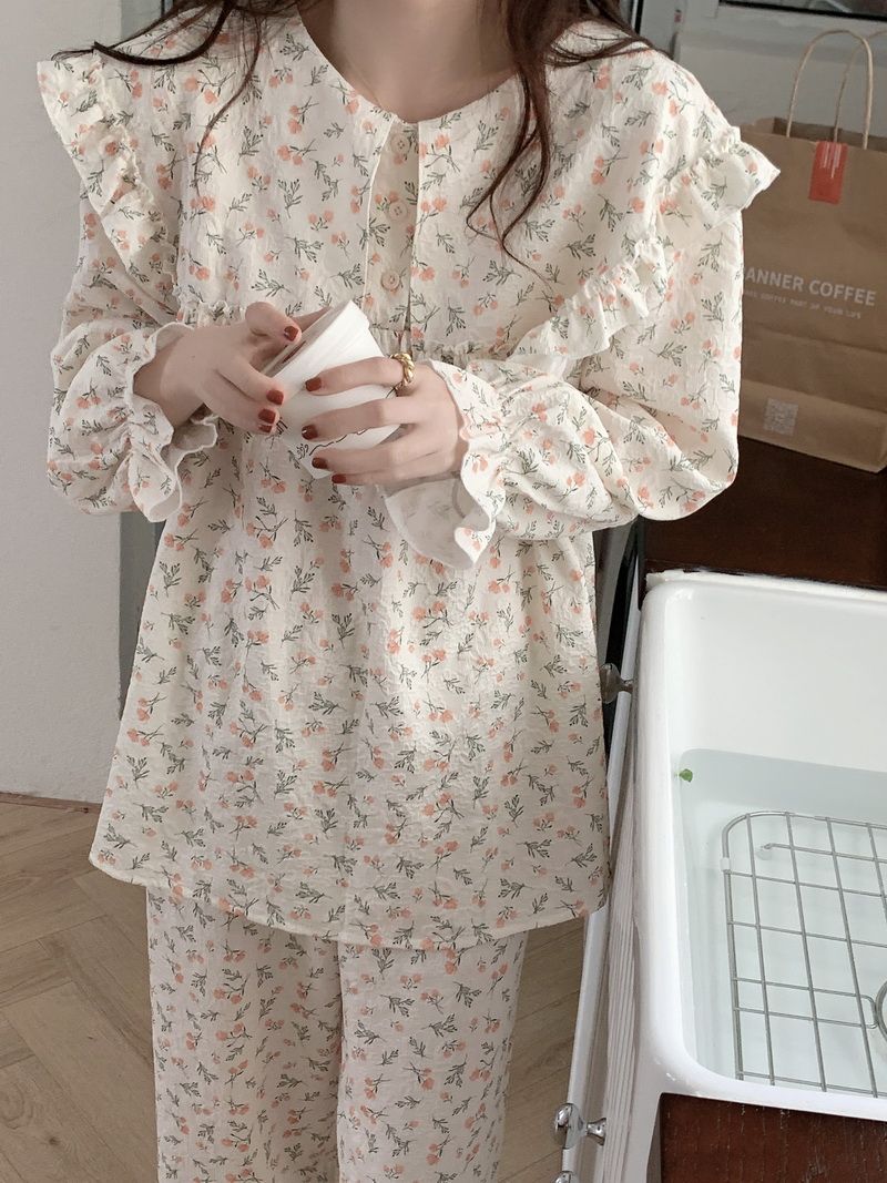 Pajamas women's autumn and winter new Japanese ins style sweet floral high-value thin section long-sleeved home service suit trendy