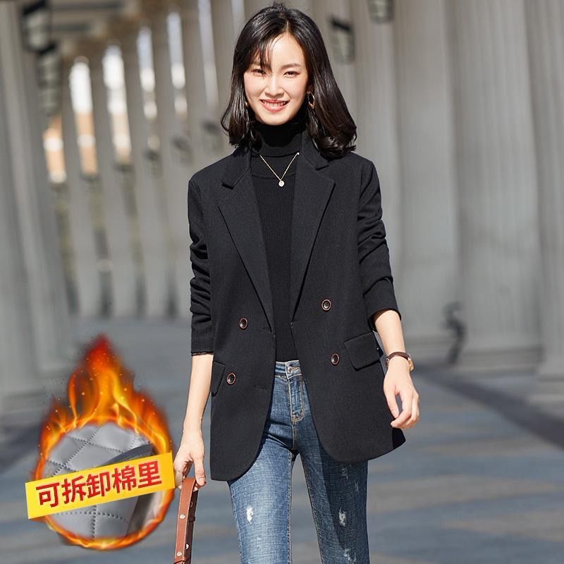 Black quilted woolen suit jacket women's winter thickening  autumn and winter new large size small professional suit