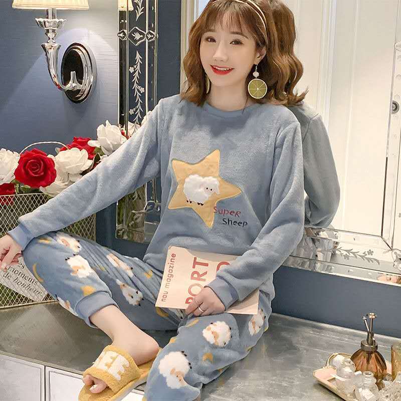Flannel pajamas women's winter thickened coral fleece autumn and winter students Korean version cute warm large size home service suit