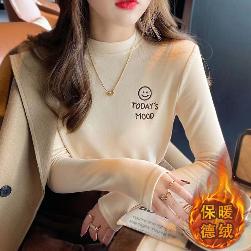 半高領德絨打底衫女秋冬內搭雙面磨毛加絨加厚中領長袖t洋氣上衣