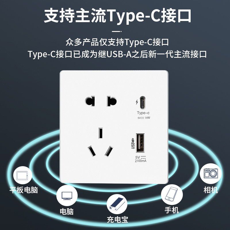 国际电工插座面板带86型暗装墙壁手机充电智能快充Type-C五孔USB