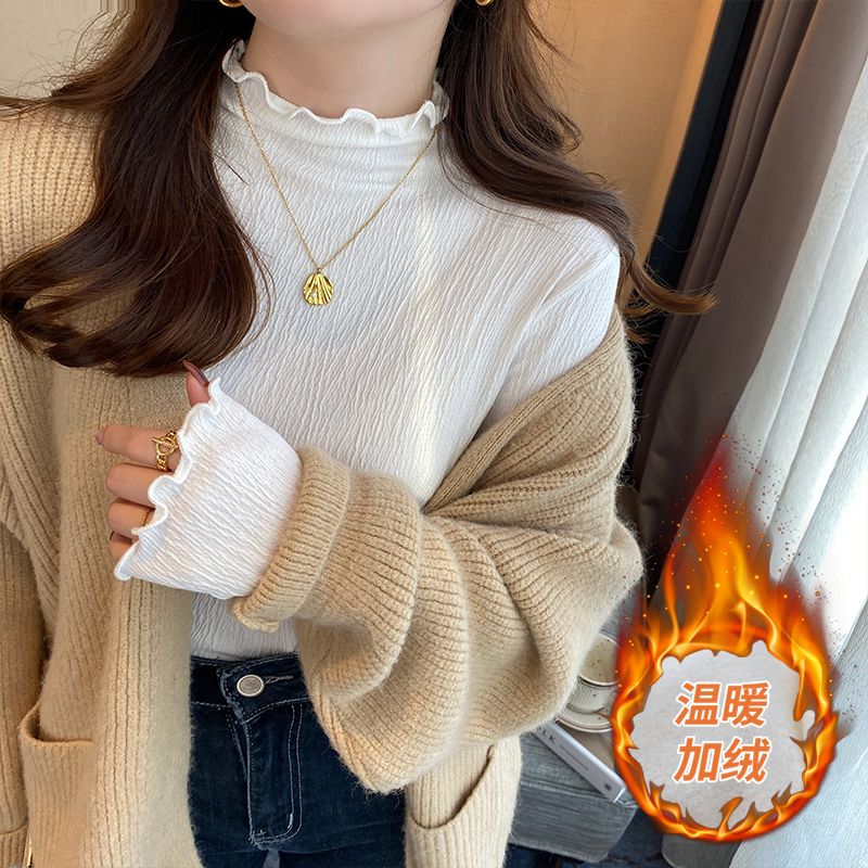 加絨木耳邊半高領蕾絲打底衫女2022秋冬新款長袖t恤內搭保暖小衫