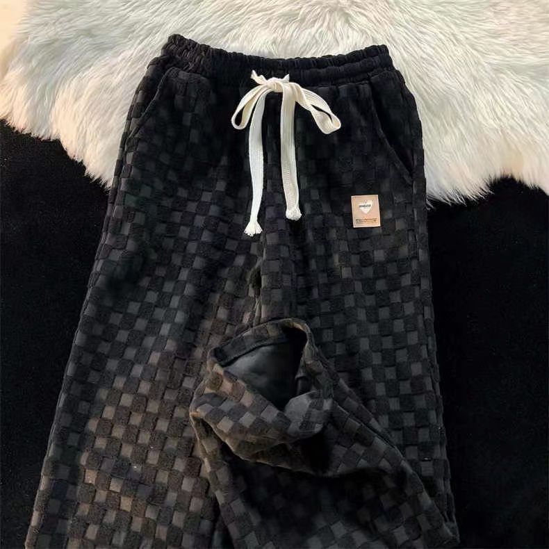 Winter checkerboard pants with velvet milk fufu women's autumn and winter small trousers plaid sports pants casual pants
