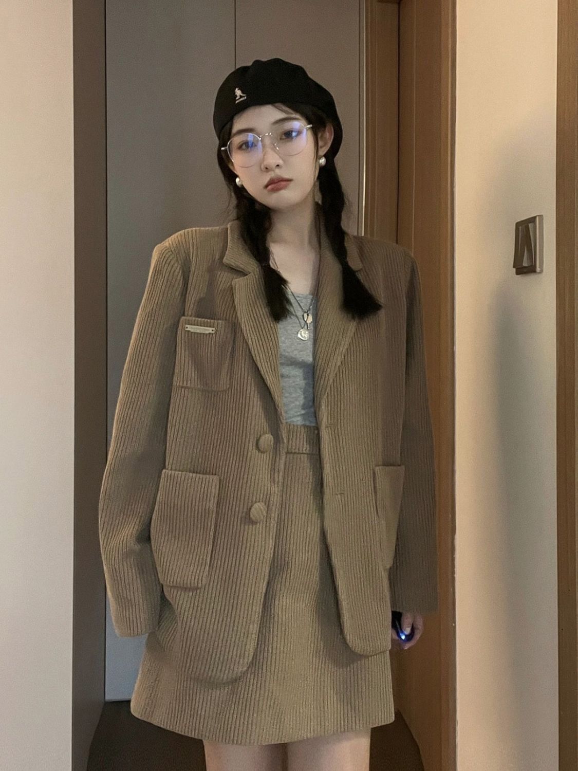 兩件套裝春秋款法式復古小香風西裝外套西服女搭配顯瘦半身裙子