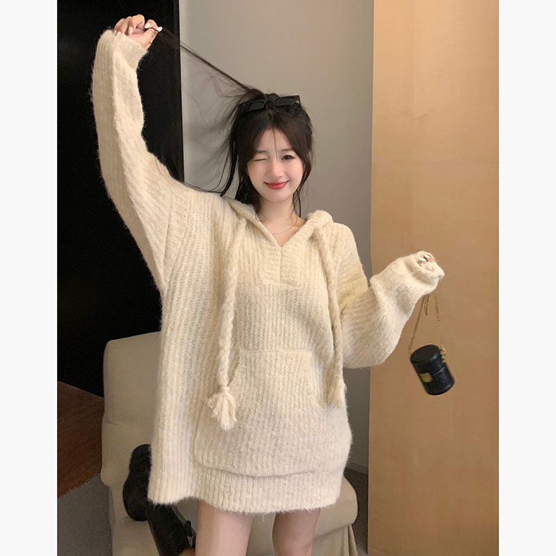 軟糯糯寬鬆連帽毛衣女秋冬季高級感時尚洋氣慵懶風長袖針織衫外套