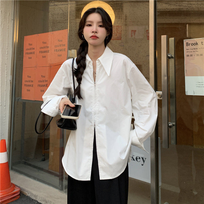 秋冬法式拉链蓝色长袖衬衫女设计感小众宽松显瘦衬衣独特别致上衣