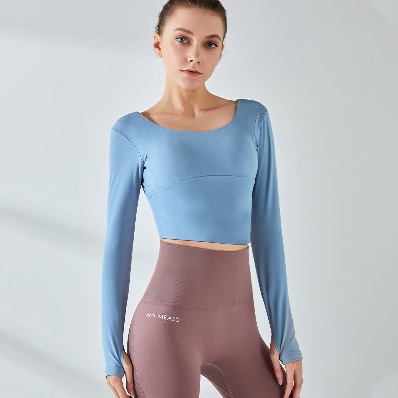 夏季年新款时尚透气速干休闲运动t恤女紧身瑜伽健身长袖上衣
